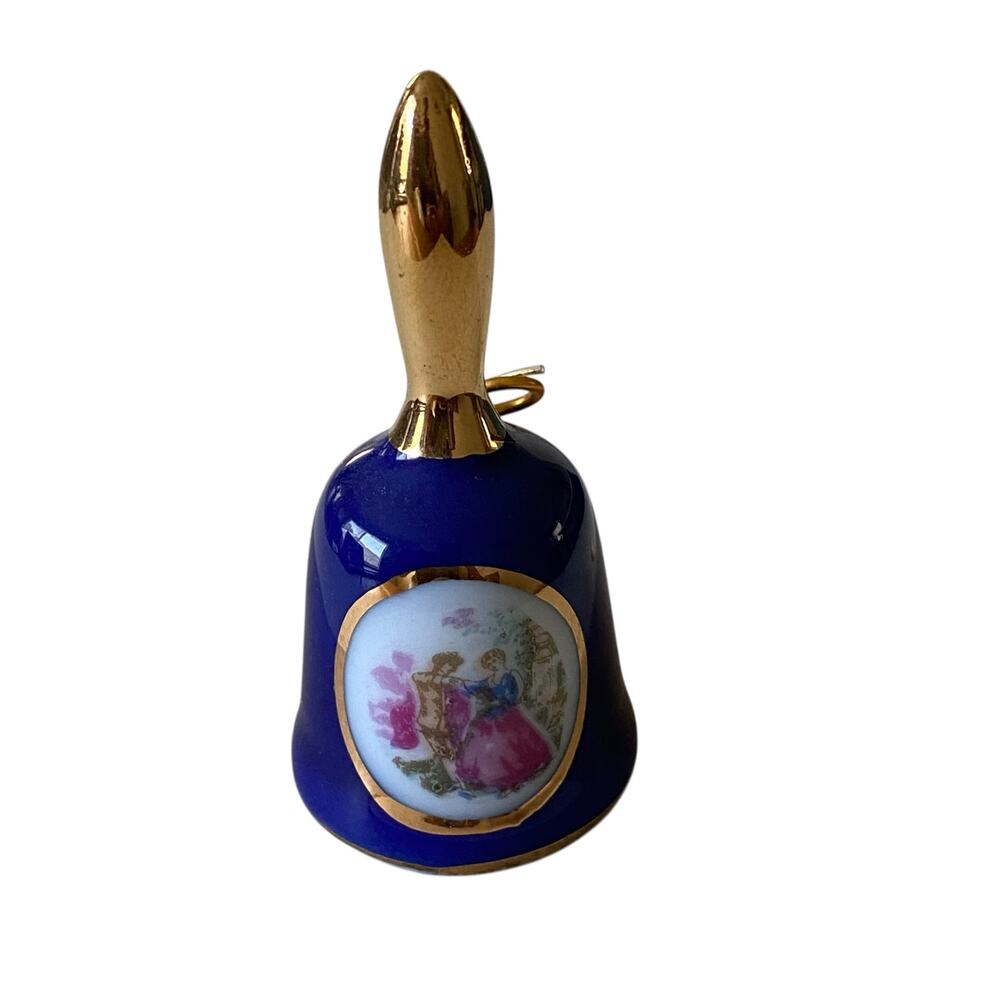 Vintage Enesco Made in Japan Gold Handled Miniature Ceramic Bell Man And Woman